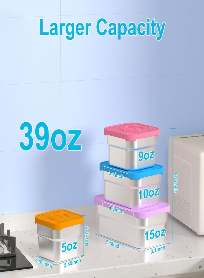 DaCool 4 Pack Kids Stainless Steel Snack Containers with Lids Spork, Totally 39 oz Easy Open Leakproof Small Toddler Snack Box with Silicone Lids, Stackable Metal Lunch Box for Daycare and School - Image 2